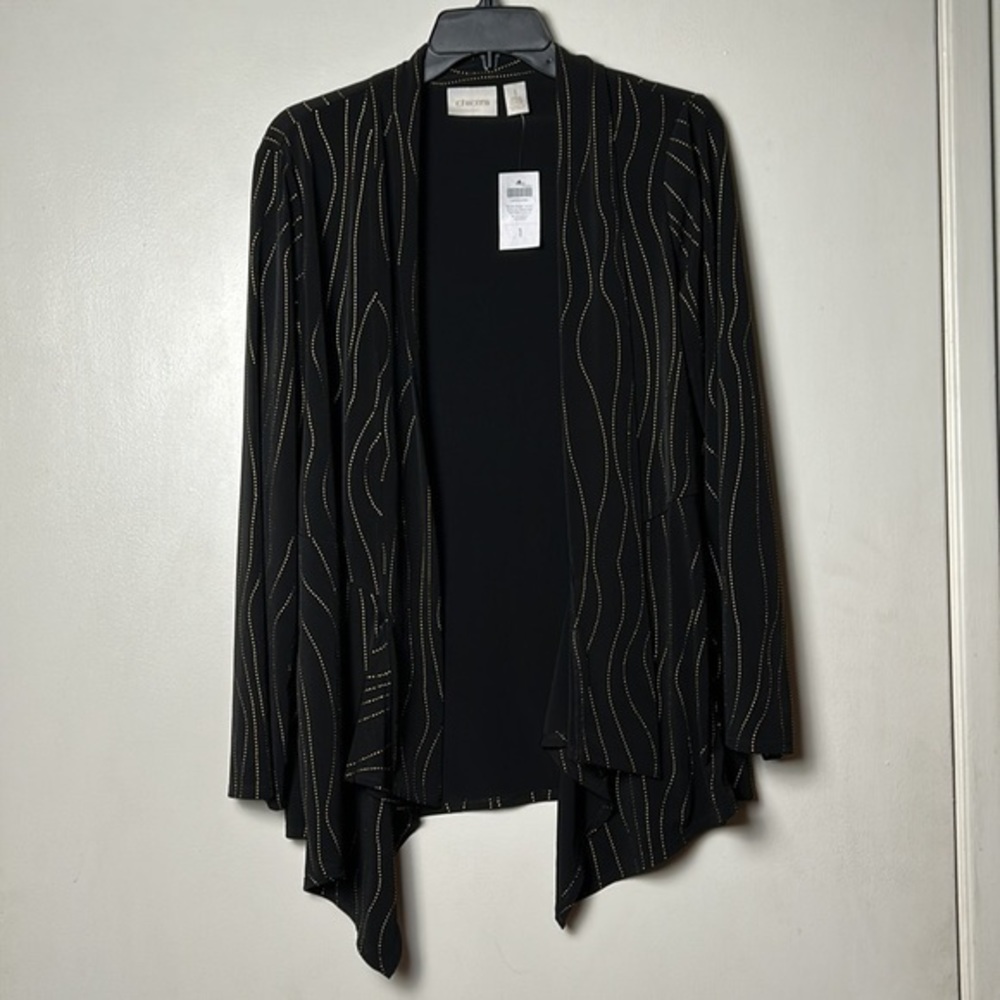 Chico's Drape Front Metallic Shine Knit Pattern Black/gold Jacket-M